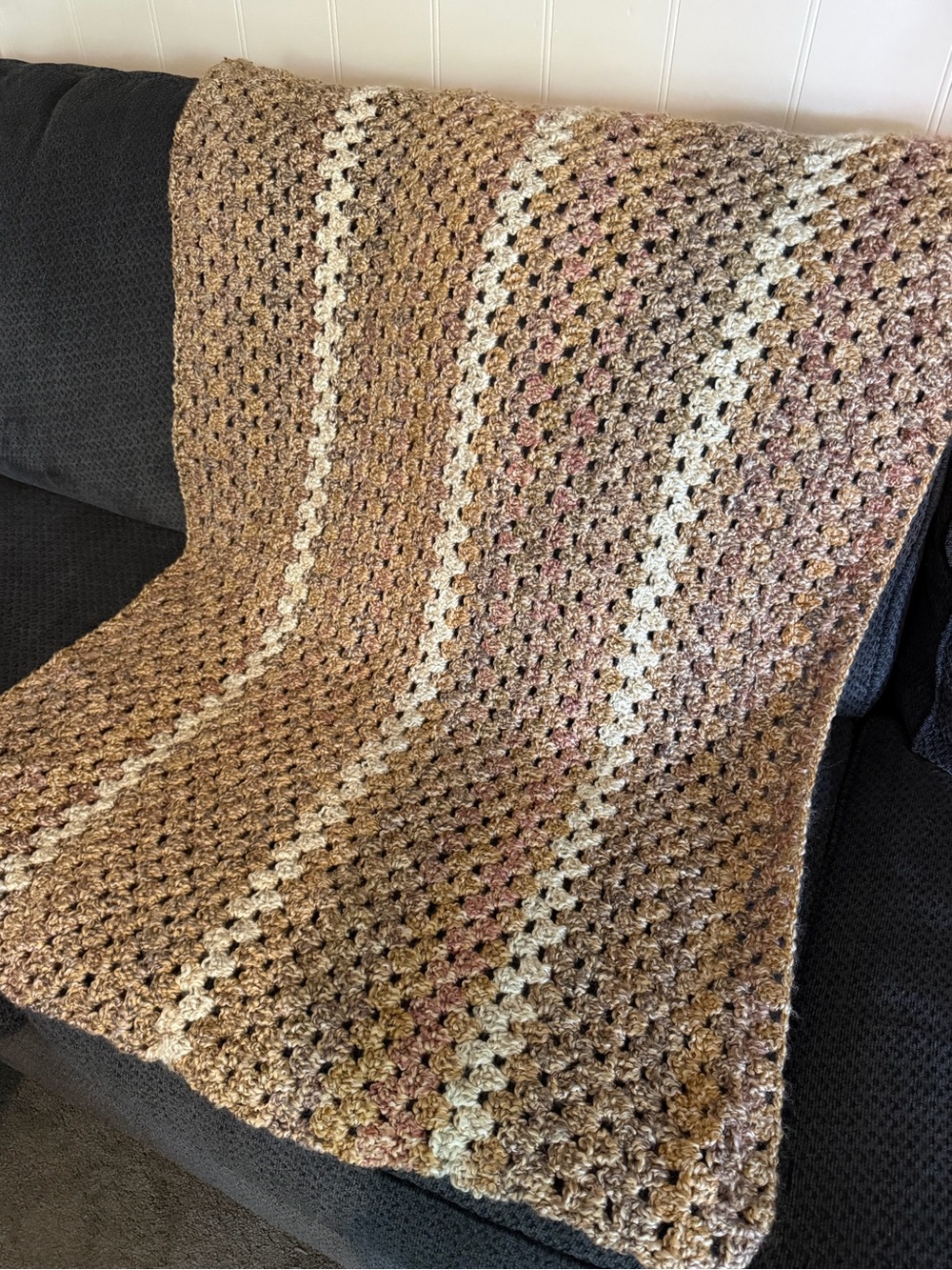 Handmade Crochet Throw Blanket in Neutral Stripes